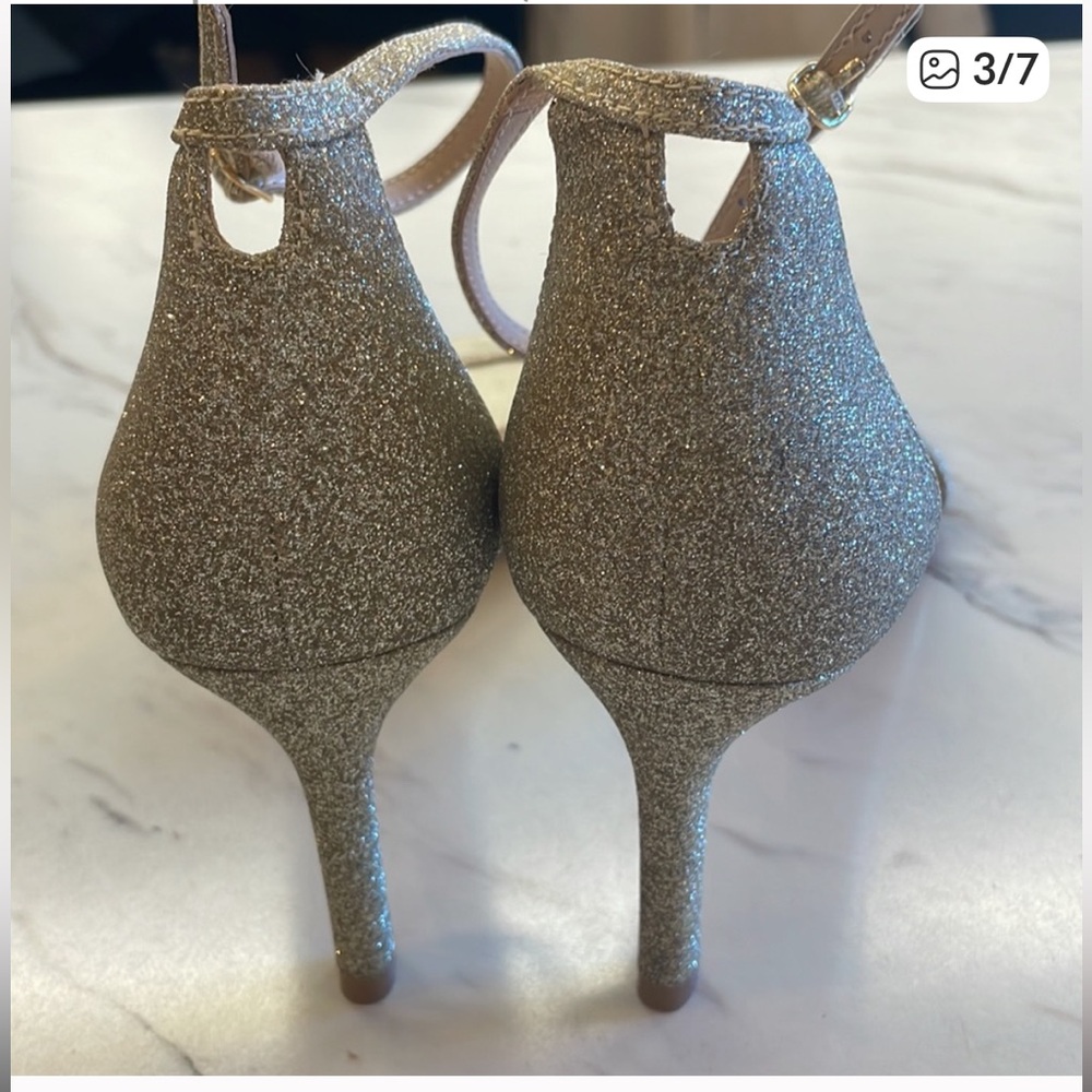 Stuart Weitzman Metallic Silver Glitter Ankle-Strap Heels - Picture 2 of 6
